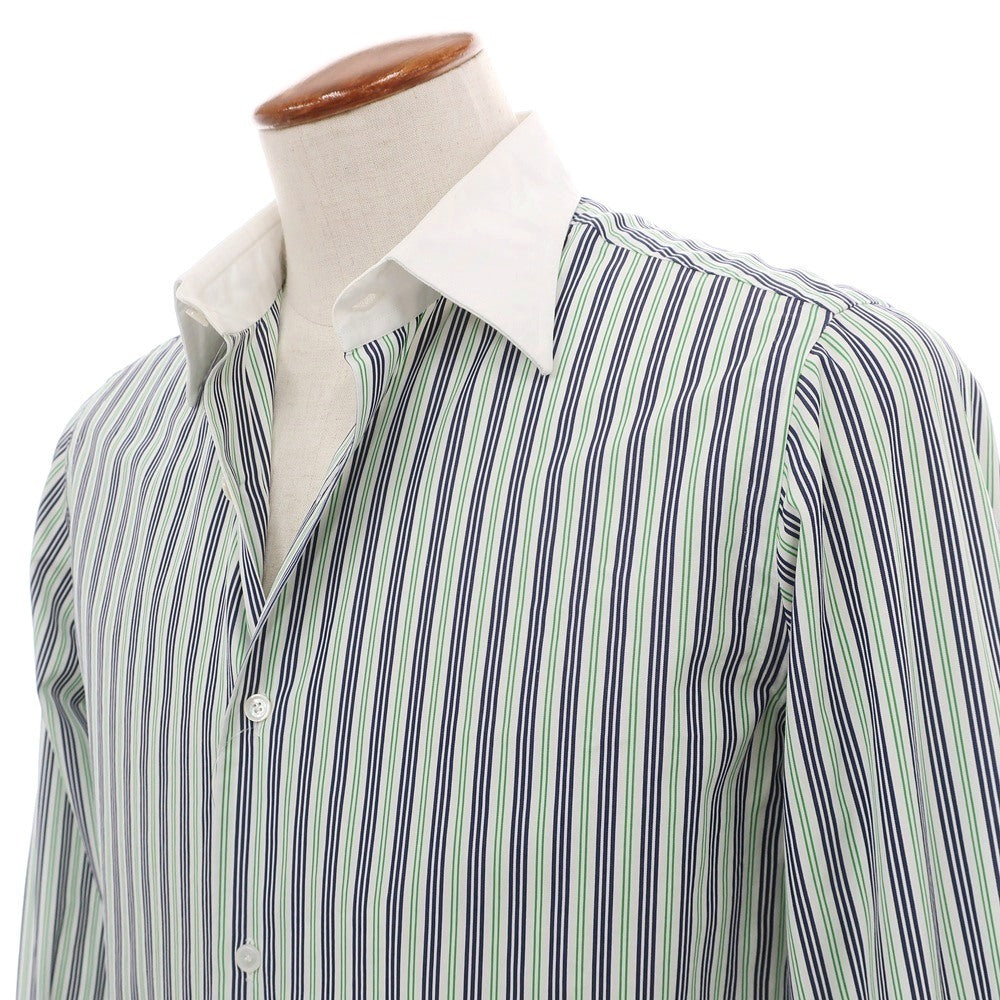 【中古】スティレ ラティーノ STILE LATINO コットン ストライプ クレリック レギュラーカラー ドレスシャツ ネイビーxグリーン【サイズ39】【 状態ランクC 】【 メンズ 】