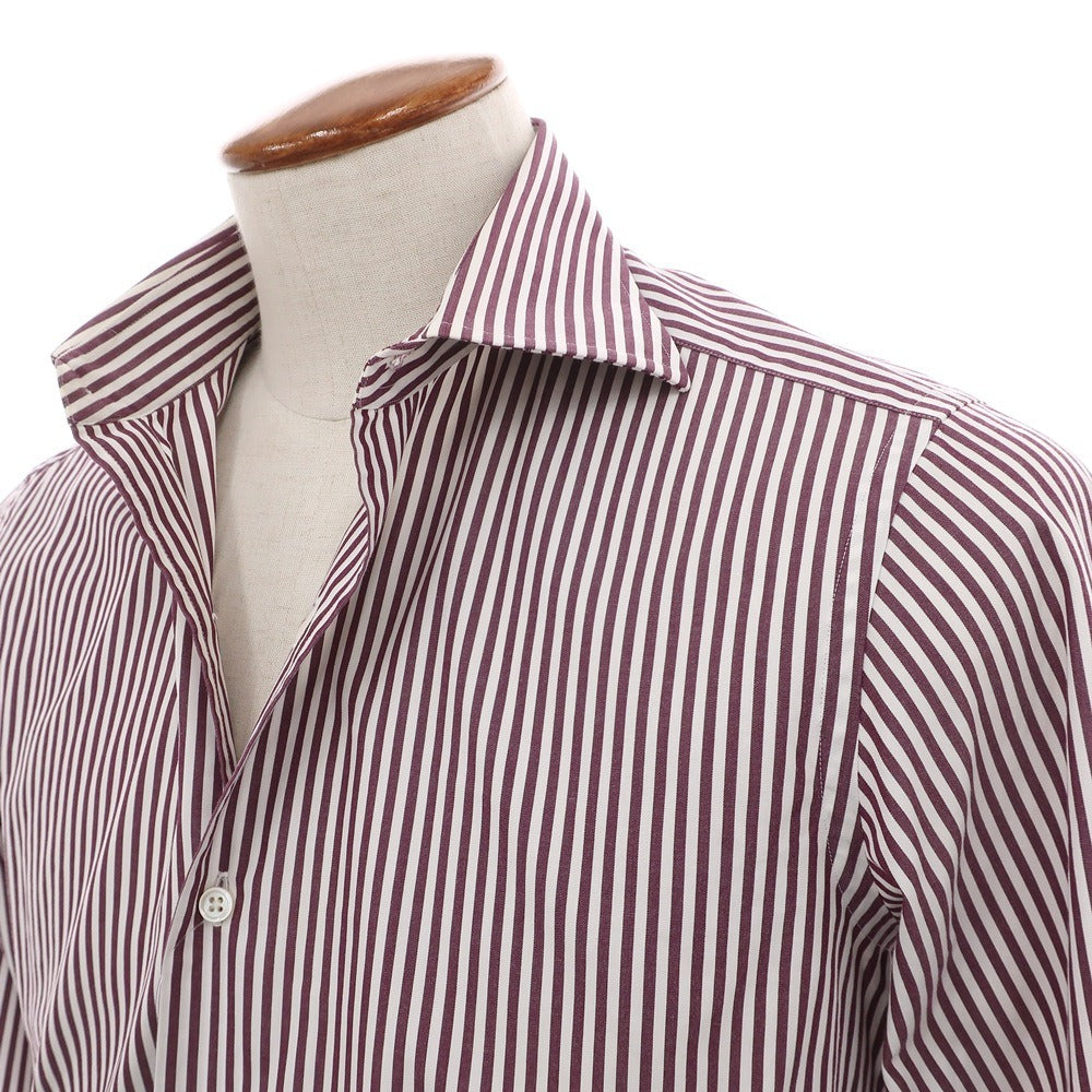 【中古】ビームスエフ BEAMS F コットン ストライプ セミワイドカラー ドレスシャツ マルーンxホワイト【サイズ39】【 状態ランクC 】【 メンズ 】