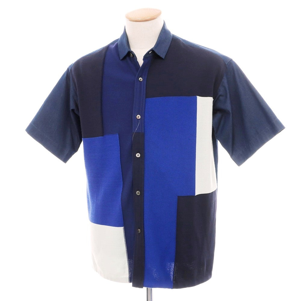 【中古】トゥモローランド TOMORROWLAND tricot ニット切り替え パッチワーク ショートカラー 半袖シャツ ネイビー【サイズS】【 状態ランクC 】【 メンズ 】