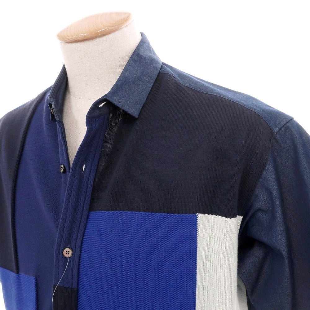 【中古】トゥモローランド TOMORROWLAND tricot ニット切り替え パッチワーク ショートカラー 半袖シャツ ネイビー【サイズS】【 状態ランクC 】【 メンズ 】