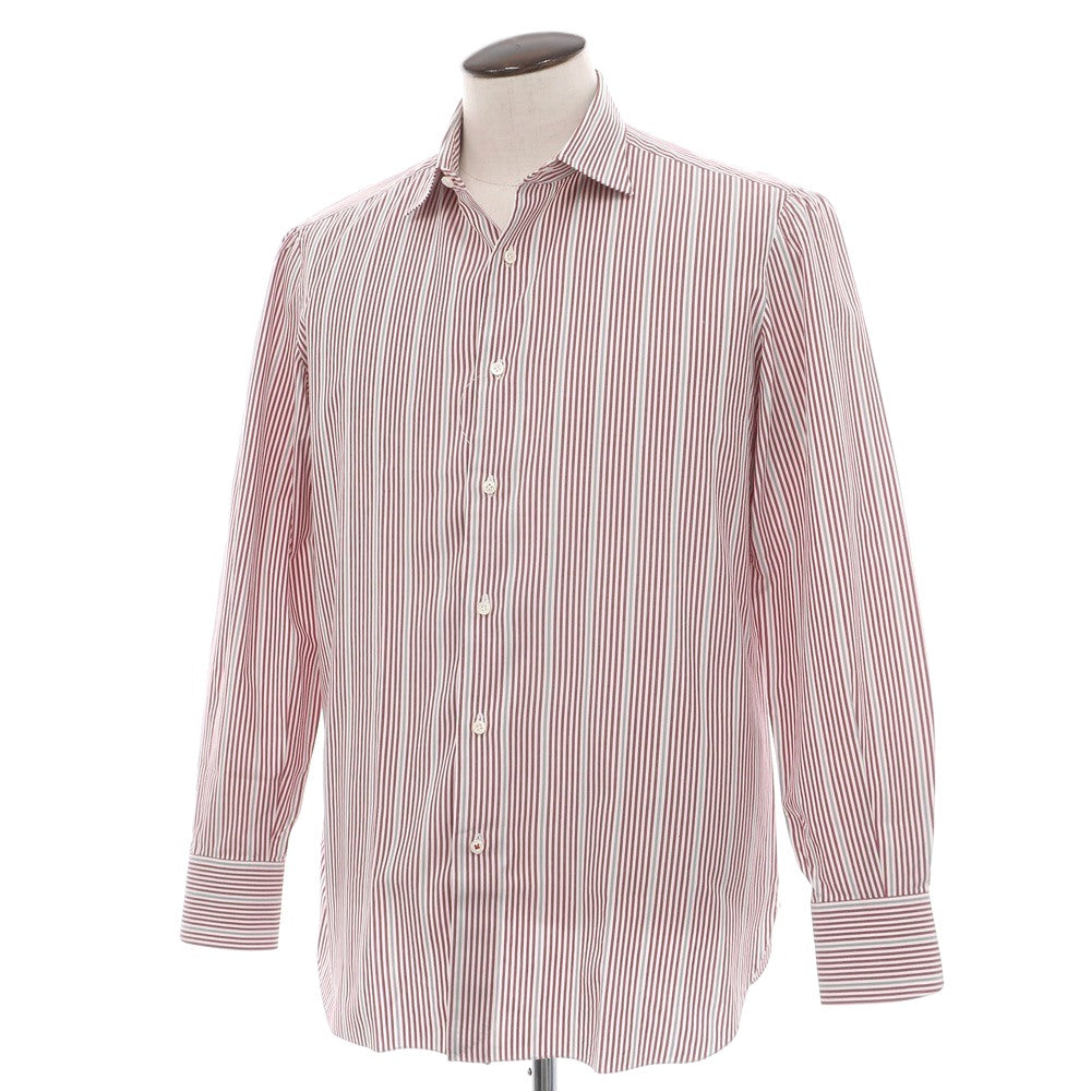 【中古】イザイア ISAIA コットン ストライプ セミワイドカラー ドレスシャツ レッドxホワイト【サイズ41】【 状態ランクC 】【 メンズ 】