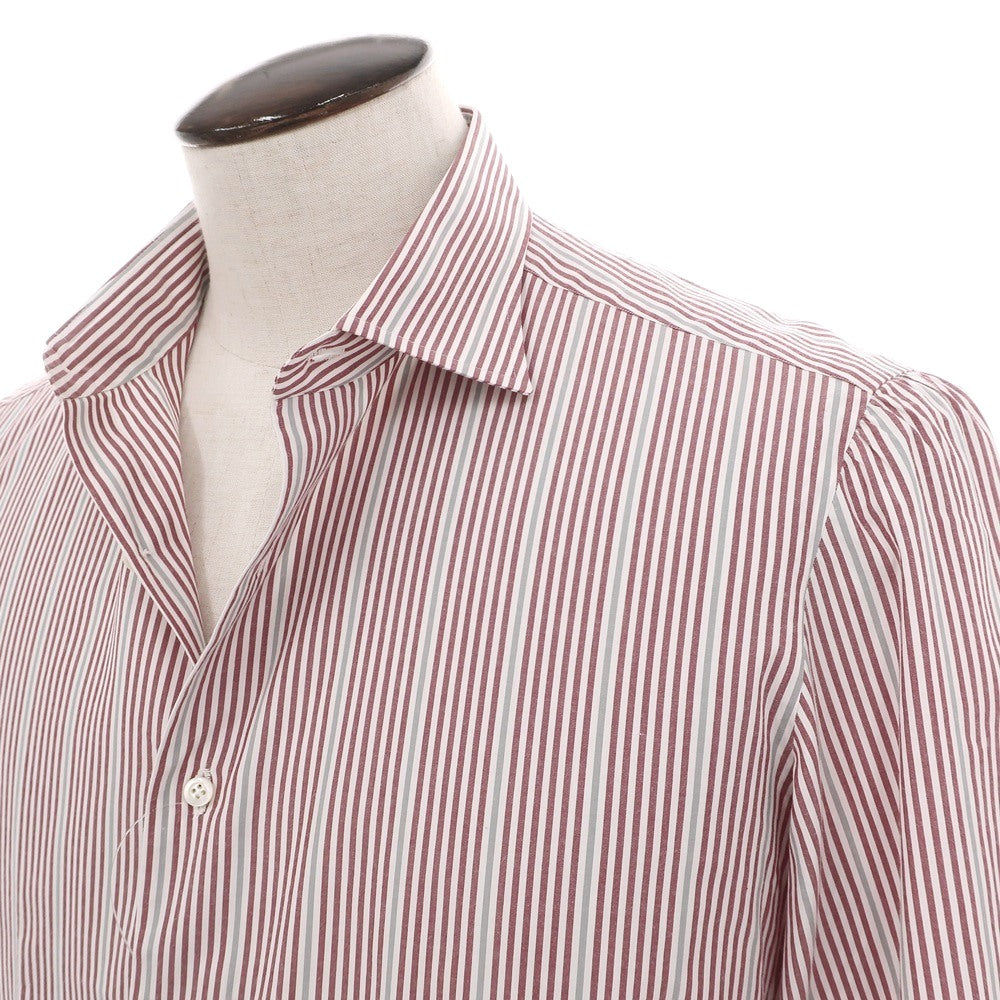【中古】イザイア ISAIA コットン ストライプ セミワイドカラー ドレスシャツ レッドxホワイト【サイズ41】【 状態ランクC 】【 メンズ 】