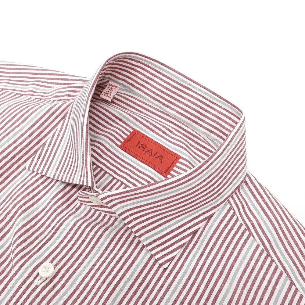 【中古】イザイア ISAIA コットン ストライプ セミワイドカラー ドレスシャツ レッドxホワイト【サイズ41】【 状態ランクC 】【 メンズ 】