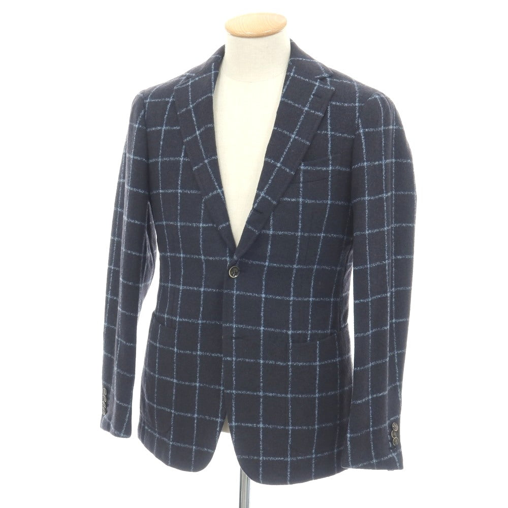 【中古】サルトリア リング Sartoria Ring ウールナイロンシルク ウィンドウペーンチェック 3B テーラードジャケット ネイビーxライトブルー【サイズ44】【 状態ランクC 】【 メンズ 】