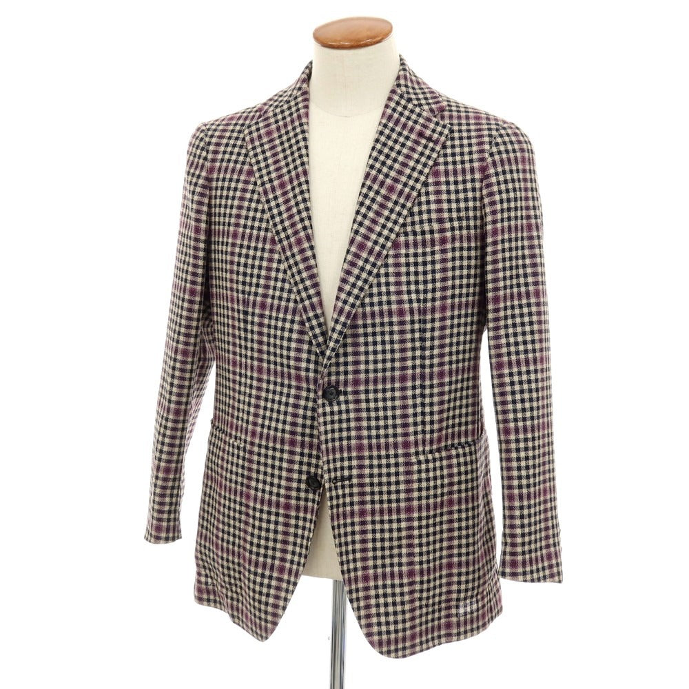 【中古】タリアトーレ TAGLIATORE ウールシルクナイロンリネン チェック 2B カジュアルジャケット ライトベージュxネイビー【サイズ48】【 状態ランクB 】【 メンズ 】