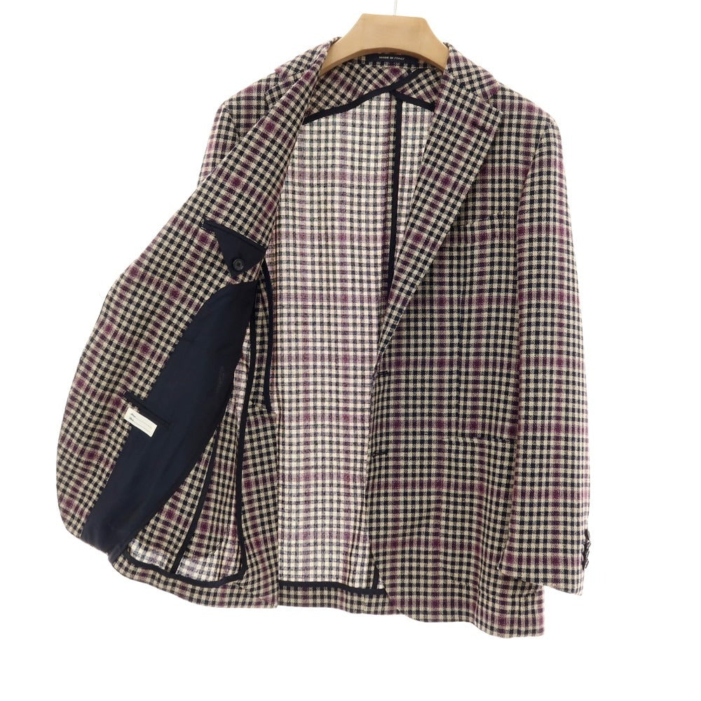 【中古】タリアトーレ TAGLIATORE ウールシルクナイロンリネン チェック 2B カジュアルジャケット ライトベージュxネイビー【サイズ48】【 状態ランクB 】【 メンズ 】