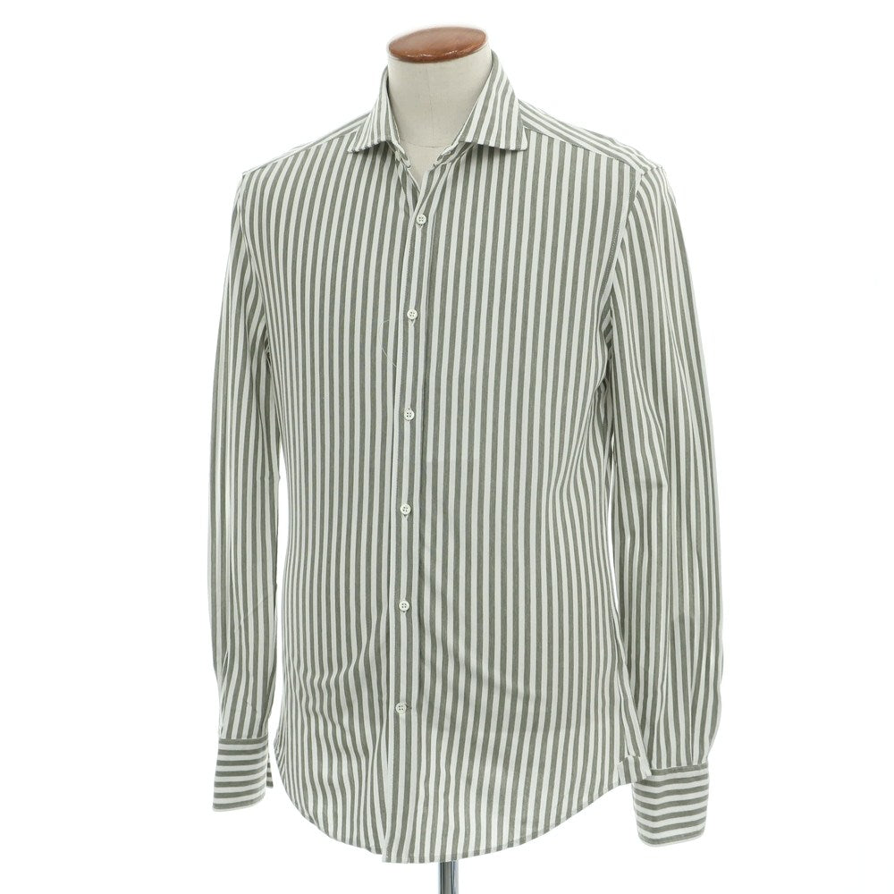 【中古】ブルネロクチネリ Brunello Cucinelli コットン ストライプ ワイドカラー カジュアルシャツ オリーブxホワイト【サイズＭ】【 状態ランクA 】【 メンズ 】