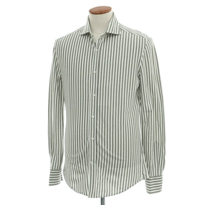 【中古】ブルネロクチネリ Brunello Cucinelli コットン ストライプ ワイドカラー カジュアルシャツ オリーブxホワイト【サイズＭ】【 状態ランクA 】【 メンズ 】
