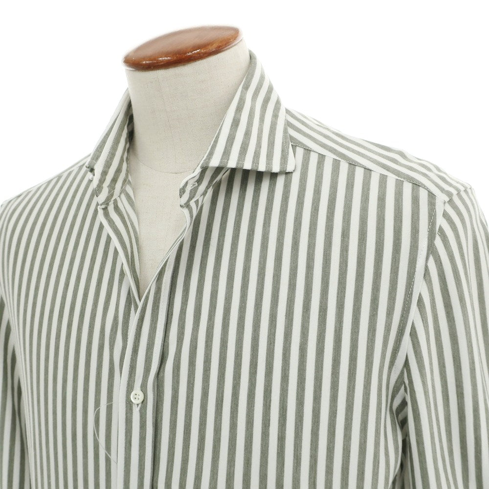 【中古】ブルネロクチネリ Brunello Cucinelli コットン ストライプ ワイドカラー カジュアルシャツ オリーブxホワイト【サイズＭ】【 状態ランクA 】【 メンズ 】