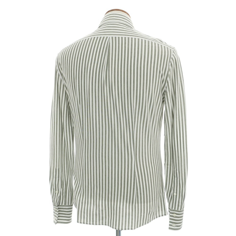 【中古】ブルネロクチネリ Brunello Cucinelli コットン ストライプ ワイドカラー カジュアルシャツ オリーブxホワイト【サイズＭ】【 状態ランクA 】【 メンズ 】