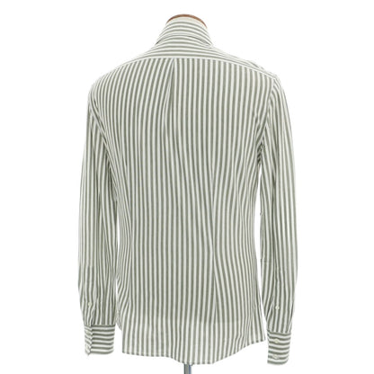 【中古】ブルネロクチネリ Brunello Cucinelli コットン ストライプ ワイドカラー カジュアルシャツ オリーブxホワイト【サイズＭ】【 状態ランクA 】【 メンズ 】