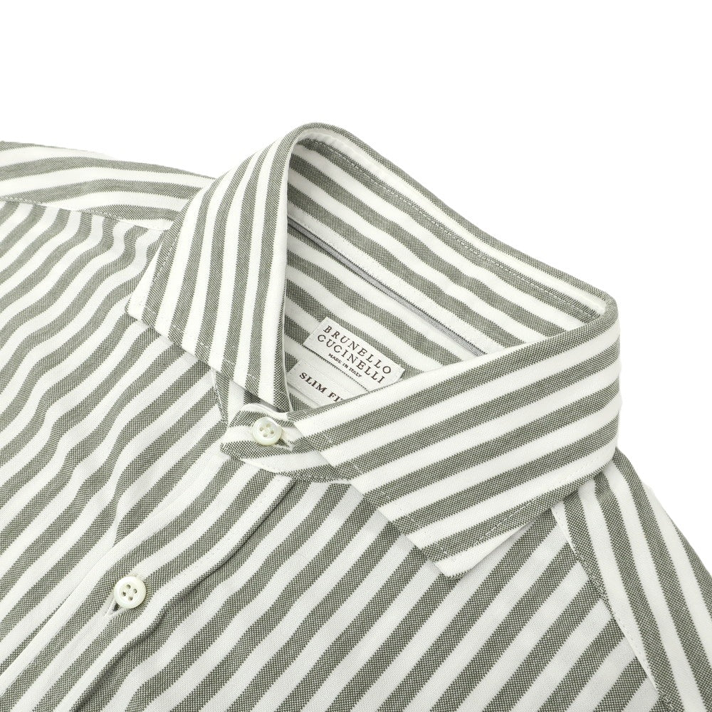 【中古】ブルネロクチネリ Brunello Cucinelli コットン ストライプ ワイドカラー カジュアルシャツ オリーブxホワイト【サイズＭ】【 状態ランクA 】【 メンズ 】