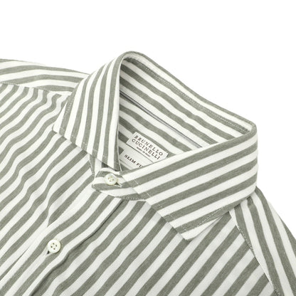 【中古】ブルネロクチネリ Brunello Cucinelli コットン ストライプ ワイドカラー カジュアルシャツ オリーブxホワイト【サイズＭ】【 状態ランクA 】【 メンズ 】