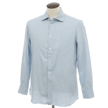【中古】フィナモレ Finamore コットンカシミヤ ストライプ セミワイドカラー カジュアルシャツ ライトブルーxホワイト【サイズL】【 状態ランクB 】【 メンズ 】
