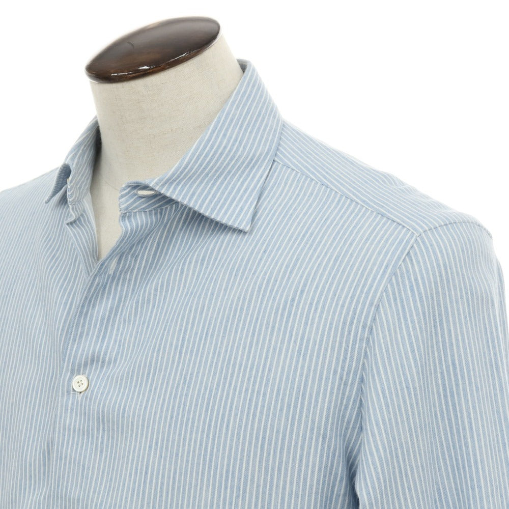 【中古】フィナモレ Finamore コットンカシミヤ ストライプ セミワイドカラー カジュアルシャツ ライトブルーxホワイト【サイズL】【 状態ランクB 】【 メンズ 】