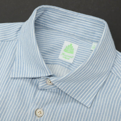 【中古】フィナモレ Finamore コットンカシミヤ ストライプ セミワイドカラー カジュアルシャツ ライトブルーxホワイト【サイズL】【 状態ランクB 】【 メンズ 】