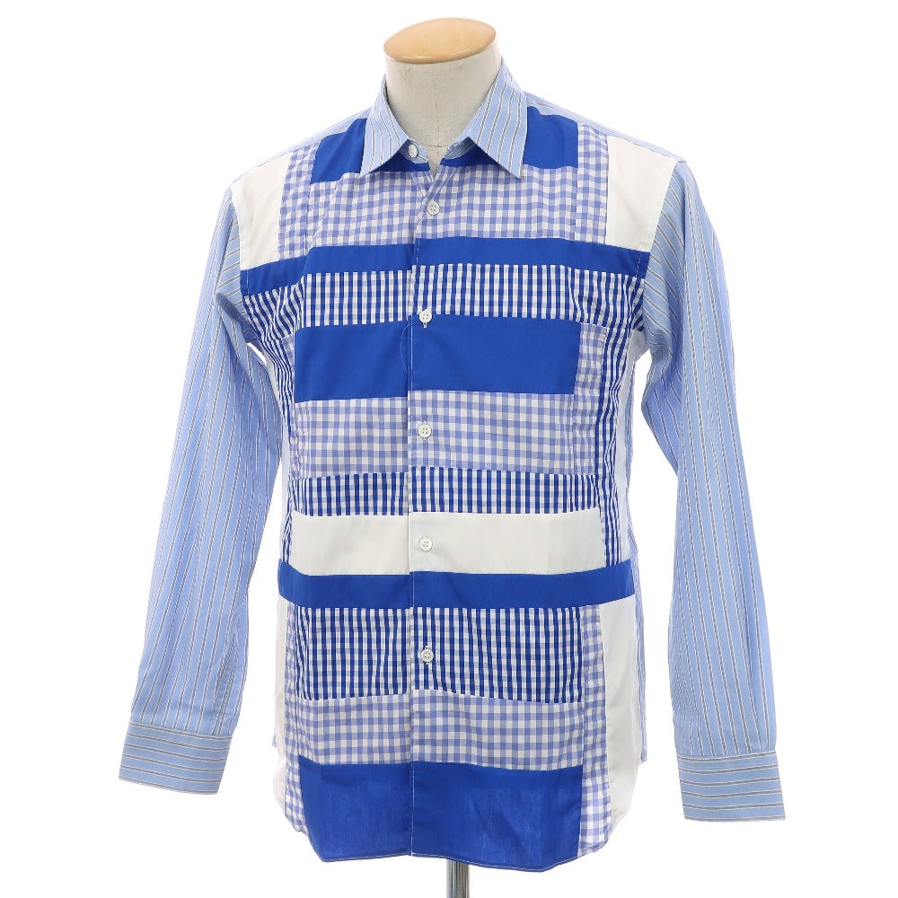 【中古】【未使用】コムデギャルソンシャツ COMME des GARCONS SHIRT 2025年秋冬 ストライプ チェック パッチワーク カジュアルシャツ ブルー系【サイズXS】【 状態ランクS 】【 メンズ 】