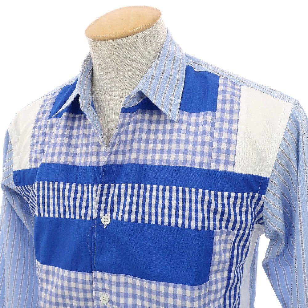 【中古】【未使用】コムデギャルソンシャツ COMME des GARCONS SHIRT 2025年秋冬 ストライプ チェック パッチワーク カジュアルシャツ ブルー系【サイズXS】【 状態ランクS 】【 メンズ 】
