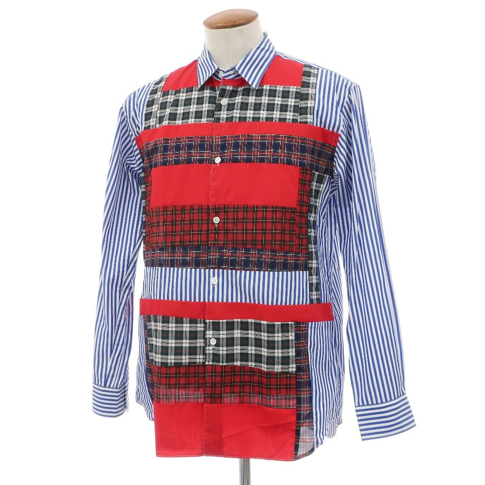 【中古】【未使用】コムデギャルソンシャツ COMME des GARCONS SHIRT 2025年秋冬 ストライプ チェック パッチワーク カジュアルシャツ ブルーxホワイト【サイズM】【 状態ランクS 】【 メンズ 】