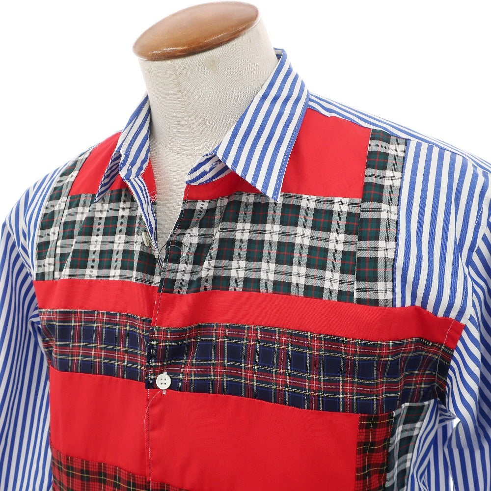 【中古】【未使用】コムデギャルソンシャツ COMME des GARCONS SHIRT 2025年秋冬 ストライプ チェック パッチワーク カジュアルシャツ ブルーxホワイト【サイズM】【 状態ランクS 】【 メンズ 】
