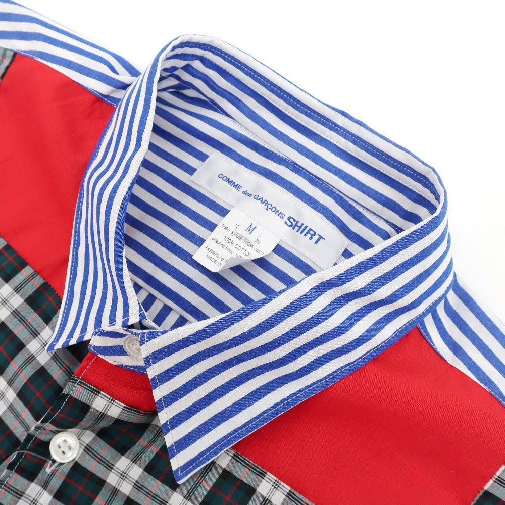 【中古】【未使用】コムデギャルソンシャツ COMME des GARCONS SHIRT 2025年秋冬 ストライプ チェック パッチワーク カジュアルシャツ ブルーxホワイト【サイズM】【 状態ランクS 】【 メンズ 】
