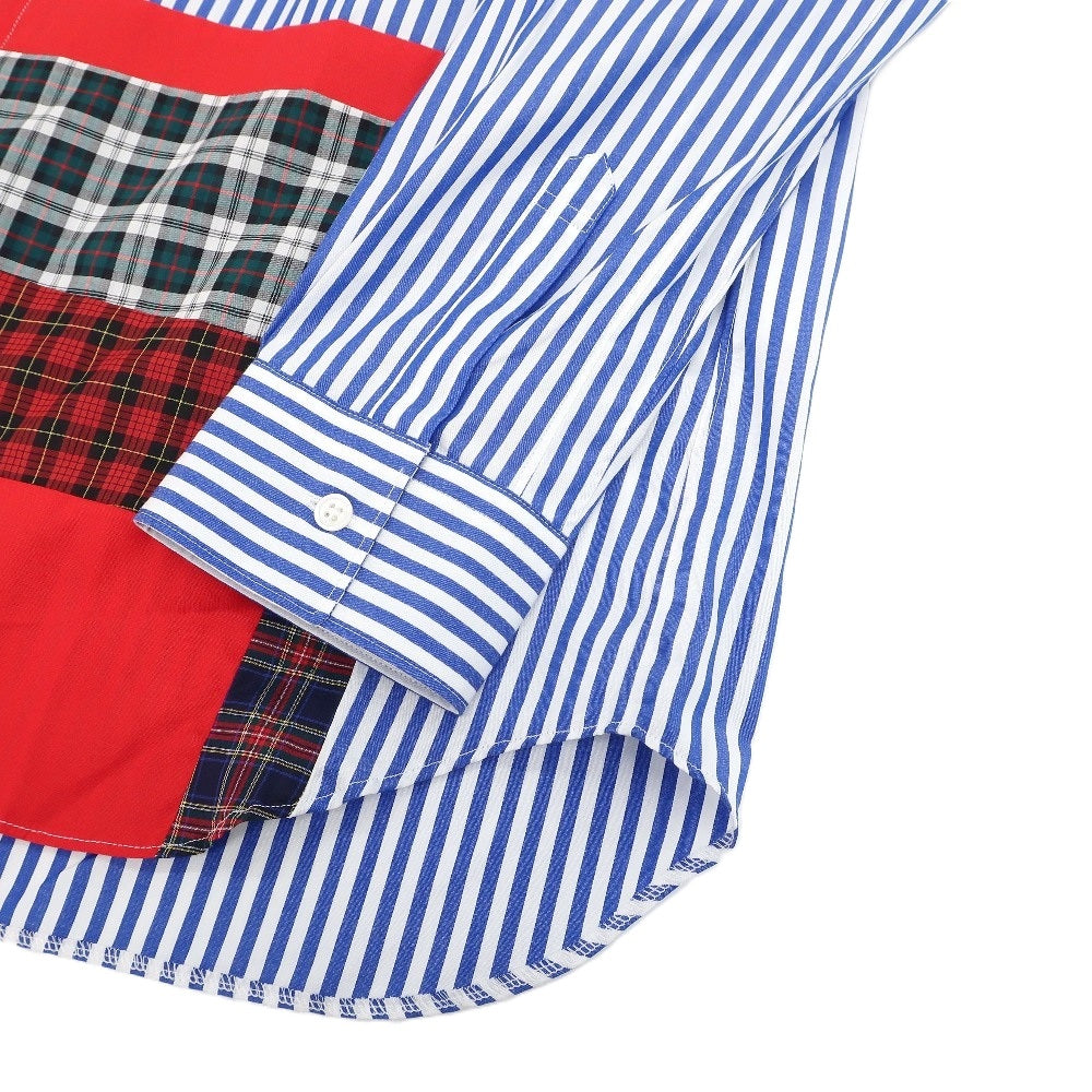 【中古】【未使用】コムデギャルソンシャツ COMME des GARCONS SHIRT 2025年秋冬 ストライプ チェック パッチワーク カジュアルシャツ ブルーxホワイト【サイズM】【 状態ランクS 】【 メンズ 】