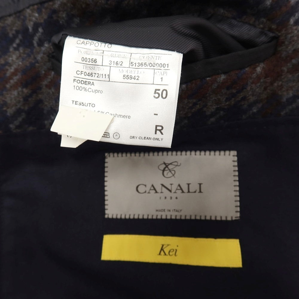 【新品】カナーリ CANALI Kei ウールカシミヤ チェック ステンカラーコート グレーxネイビー【サイズ50】【 状態ランクN 】【 メンズ 】
