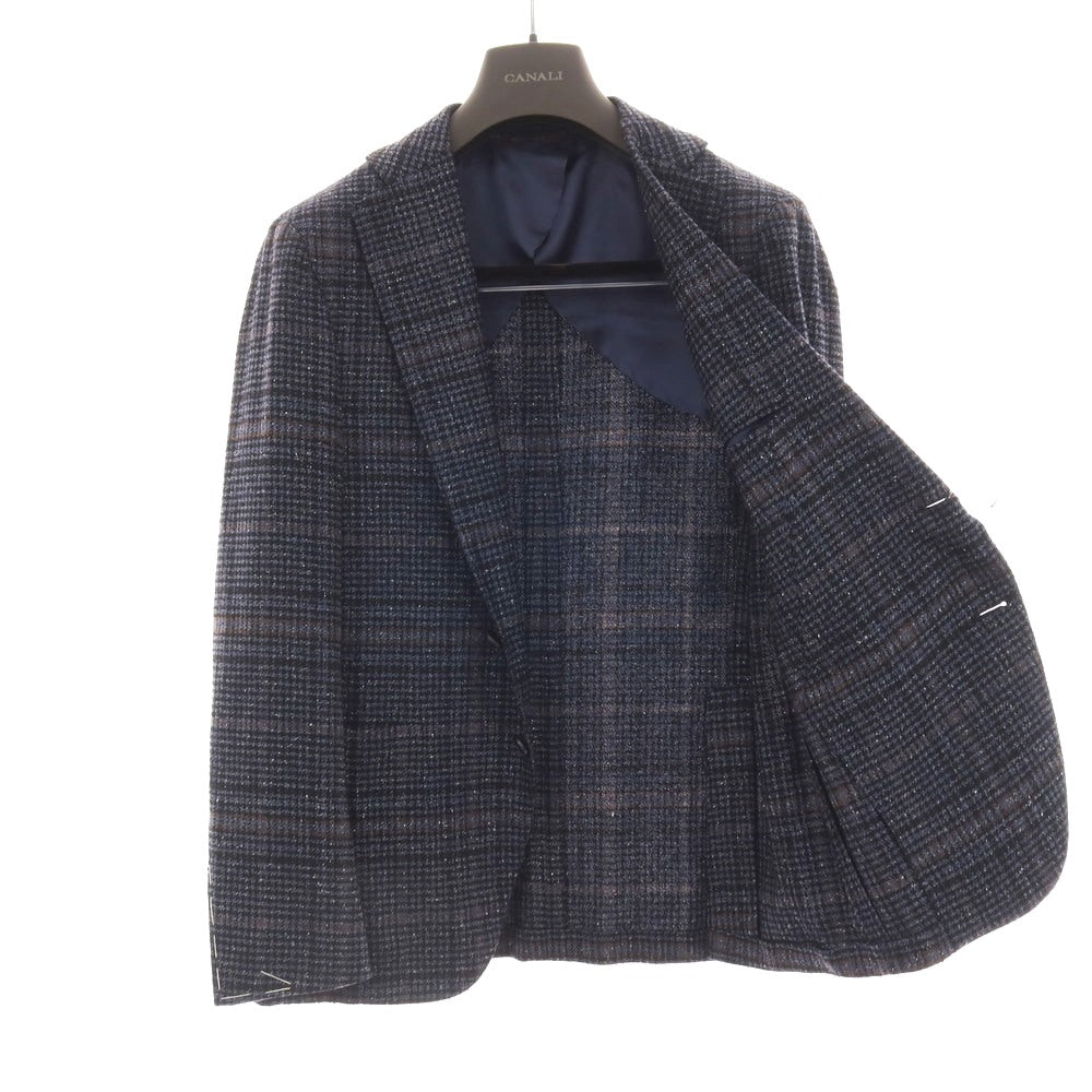 【新品】カナーリ CANALI ウールシルクナイロンカシミヤ チェック 2B テーラードジャケット ネイビーxブラック【サイズ50】【 状態ランクN 】【 メンズ 】