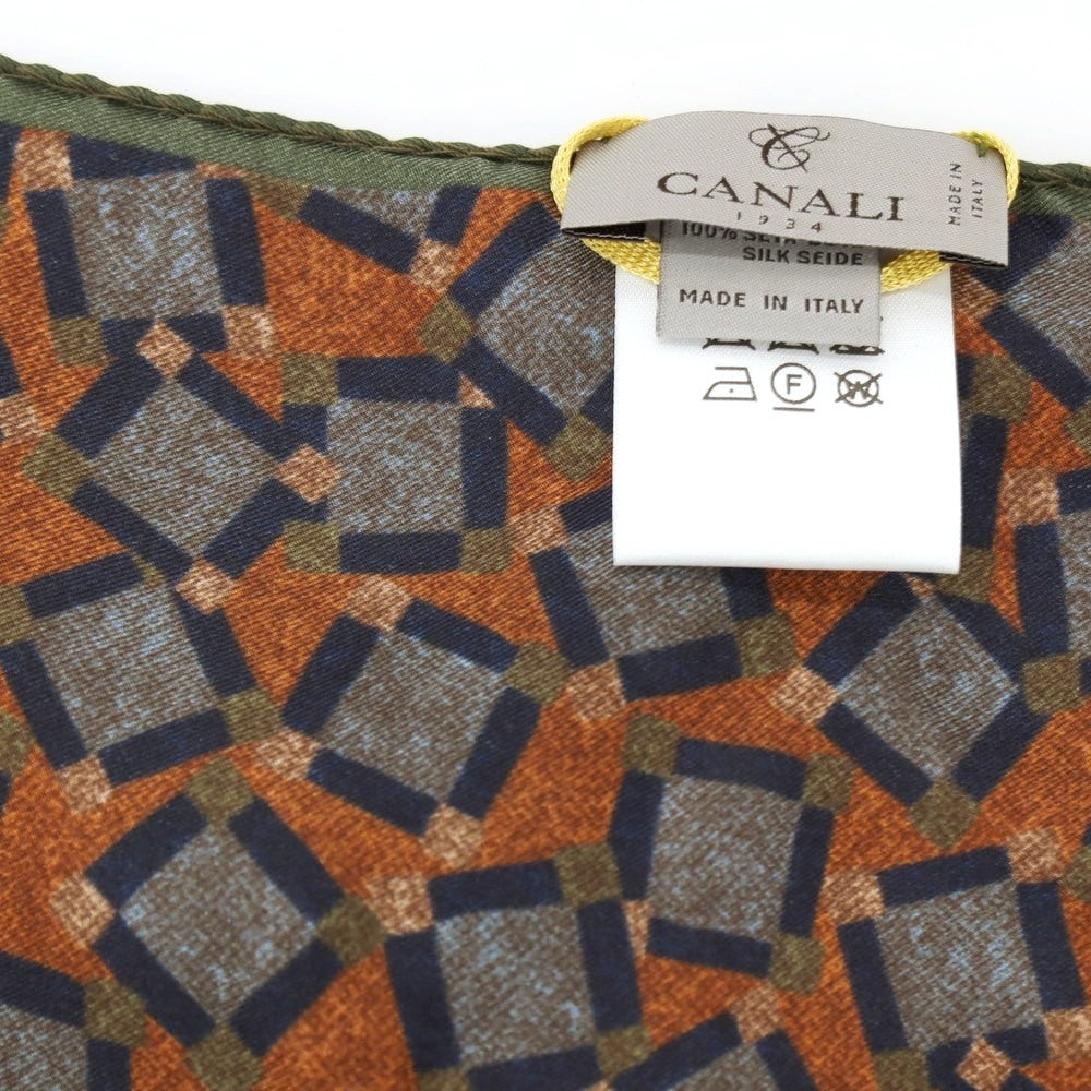 【新品】カナーリ CANALI シルク プリント ポケットチーフ ライトブラウンxグリーン【 状態ランクN 】【 メンズ 】