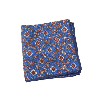 【新品】カナーリ CANALI シルク ペイズリー 花小紋 両面プリント ポケットチーフ ブルーxブラウン【 状態ランクN 】【 メンズ 】