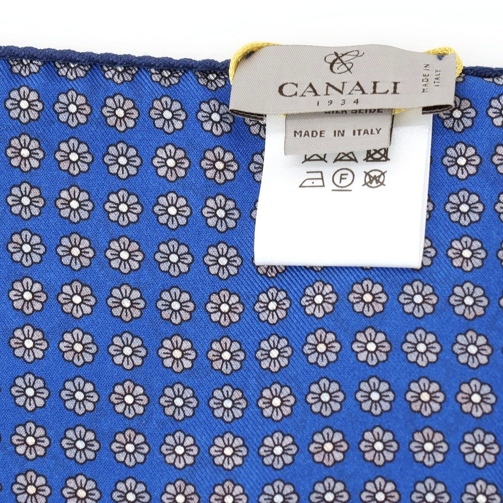 【新品】カナーリ CANALI シルク ペイズリー 花小紋 両面プリント ポケットチーフ ブルーxブラウン【 状態ランクN 】【 メンズ 】