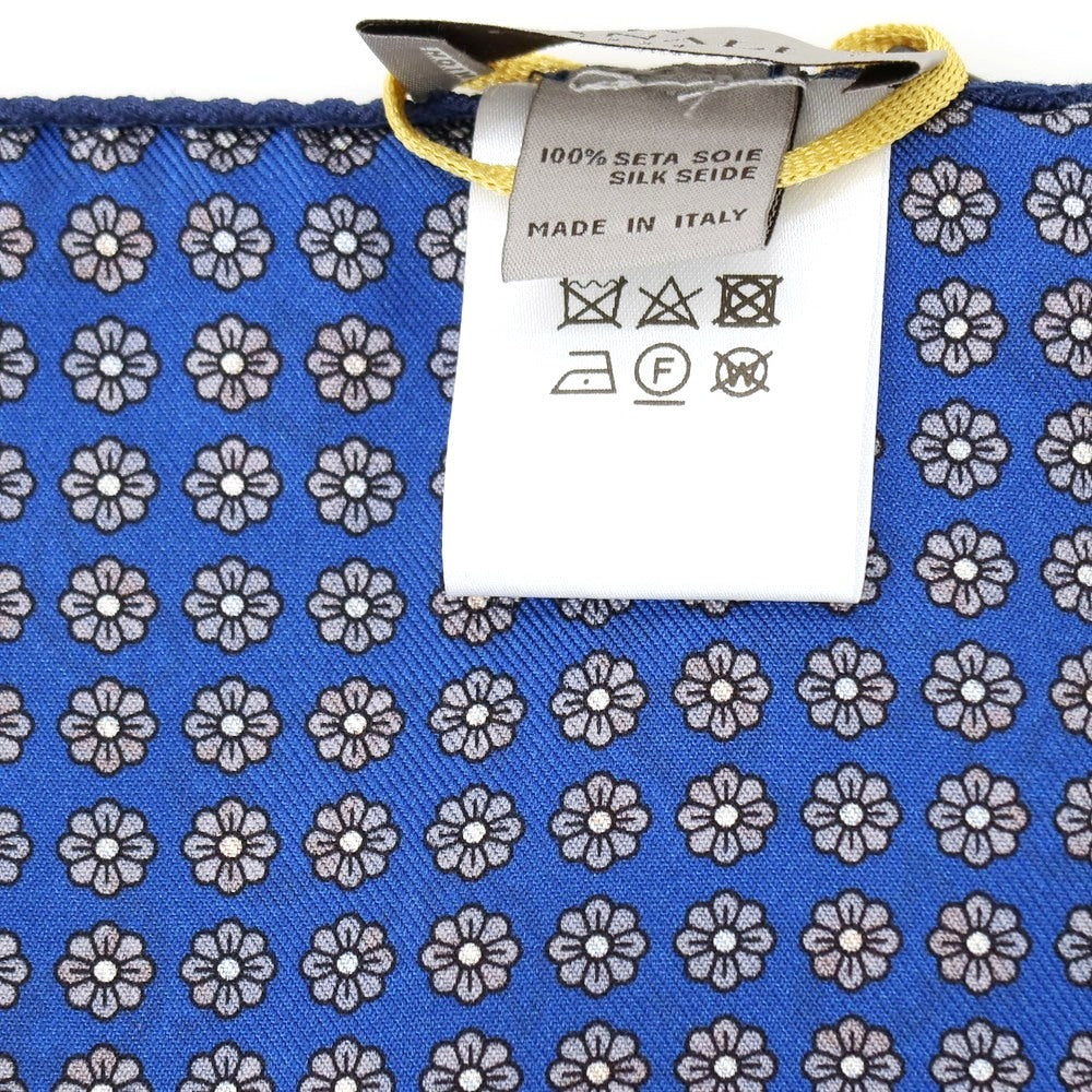 【新品】カナーリ CANALI シルク ペイズリー 花小紋 両面プリント ポケットチーフ ブルーxブラウン【 状態ランクN 】【 メンズ 】