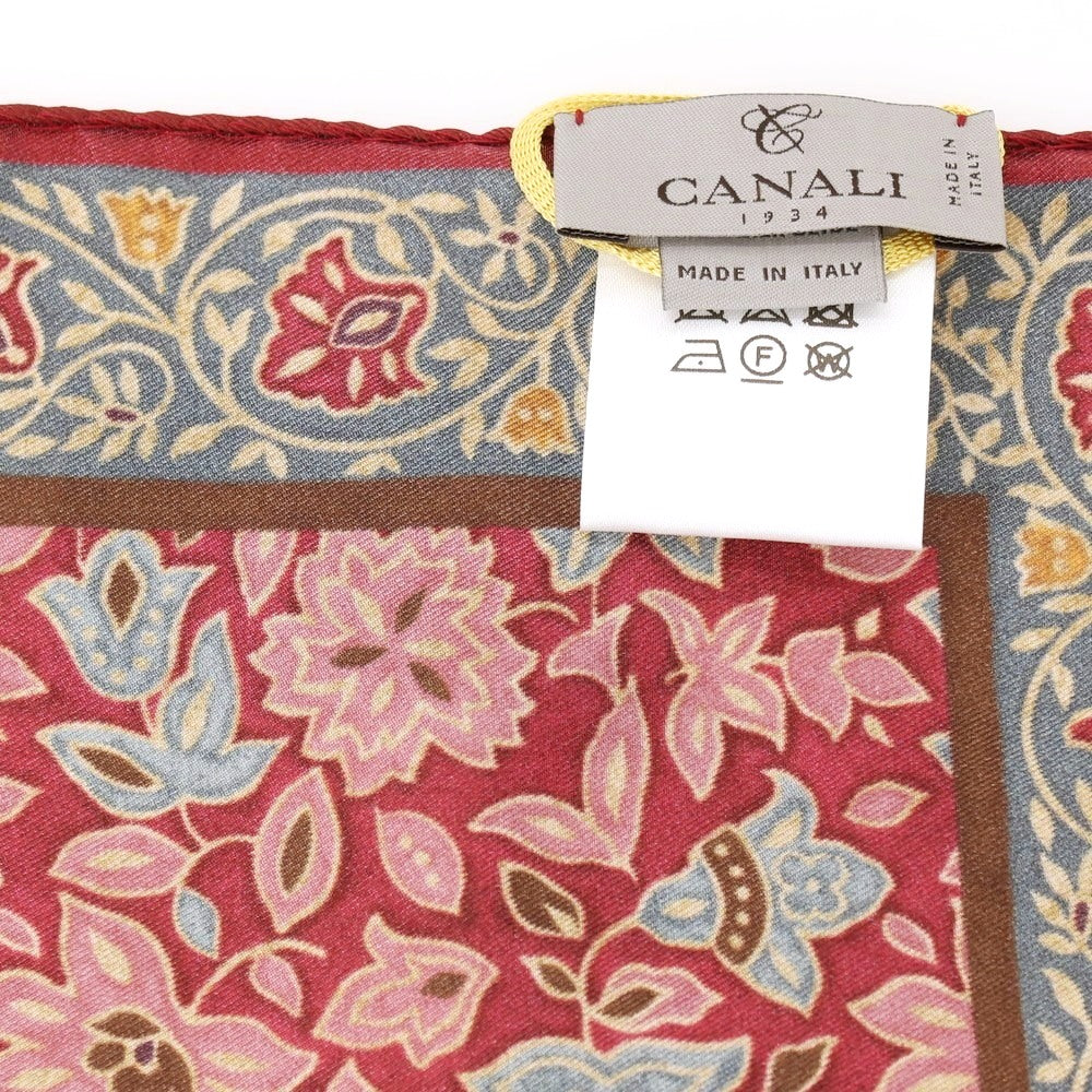 【新品】カナーリ CANALI シルク ボタニカル プリント ポケットチーフ ワインレッドxピンク【 状態ランクN 】【 メンズ 】