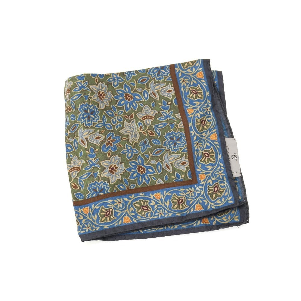 【新品】カナーリ CANALI シルク ボタニカル プリント ポケットチーフ グリーンxブルー【 状態ランクN 】【 メンズ 】