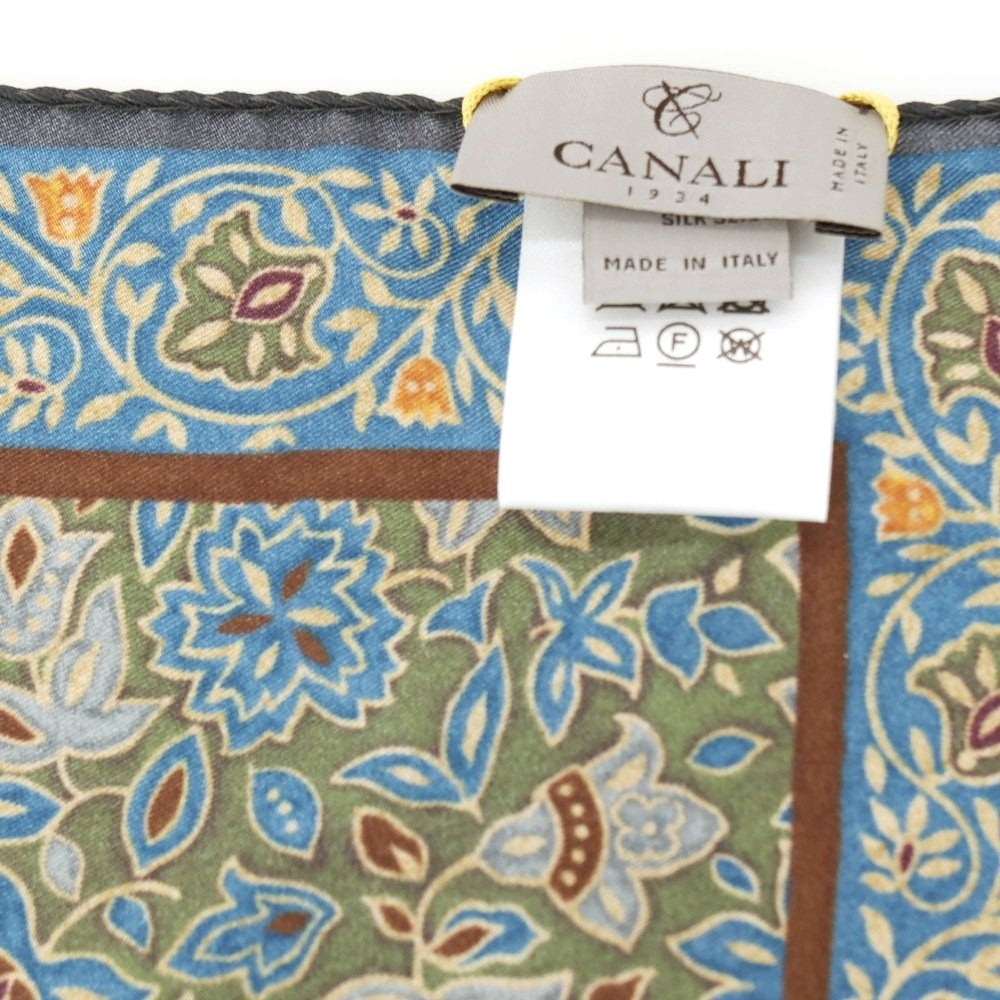 【新品】カナーリ CANALI シルク ボタニカル プリント ポケットチーフ グリーンxブルー【 状態ランクN 】【 メンズ 】