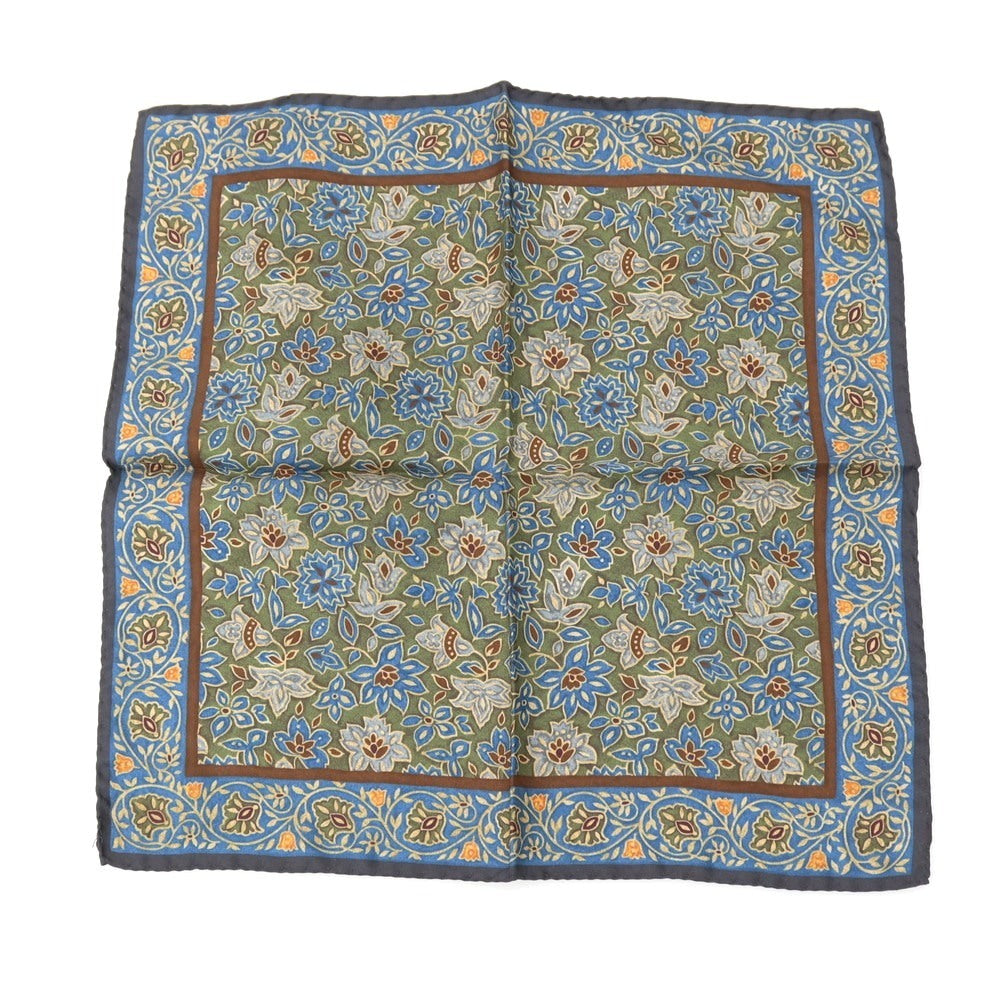 【新品】カナーリ CANALI シルク ボタニカル プリント ポケットチーフ グリーンxブルー【 状態ランクN 】【 メンズ 】