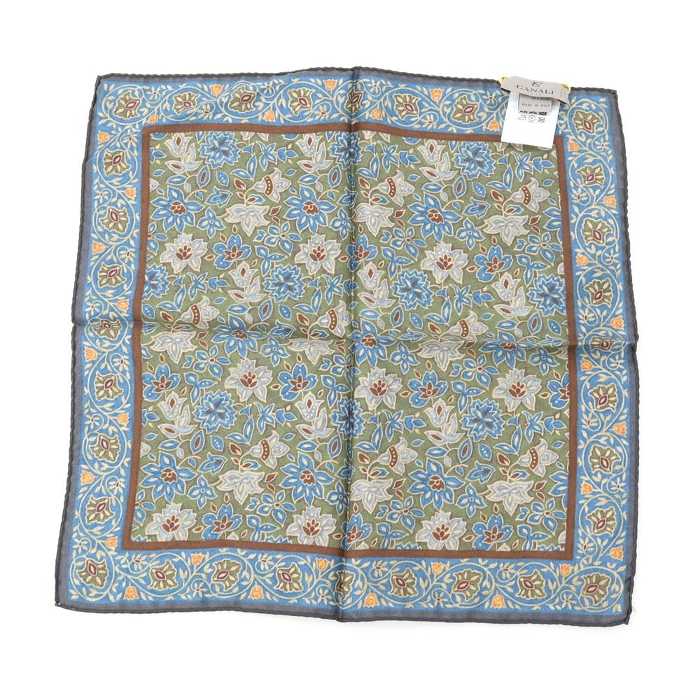 【新品】カナーリ CANALI シルク ボタニカル プリント ポケットチーフ グリーンxブルー【 状態ランクN 】【 メンズ 】
