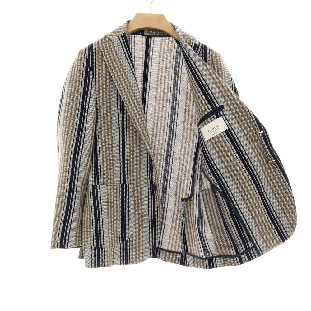 【中古】エクシビット EXIBIT コットンリネン ストライプ 2B カジュアルジャケット グレーxブラック【サイズ46】【 状態ランクC 】【 メンズ 】