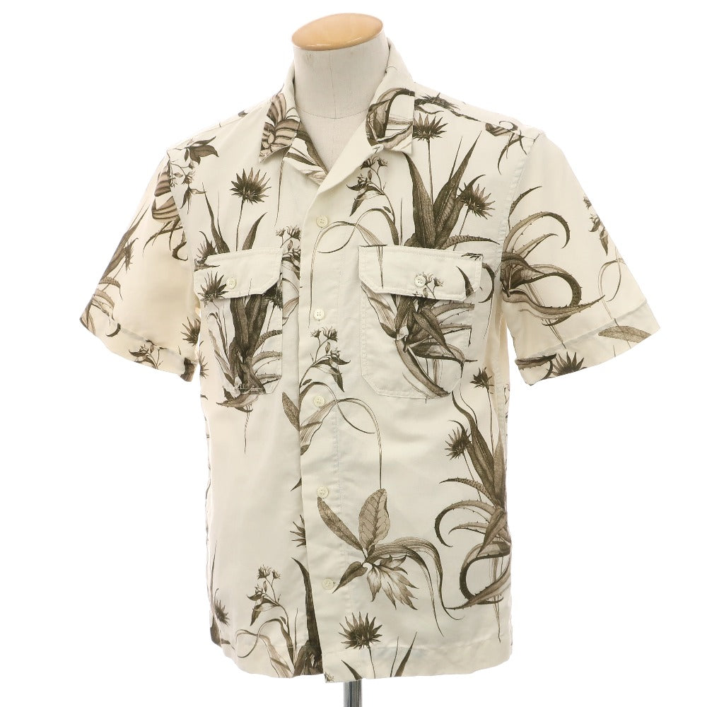 【中古】バナナリパブリック Banana Republic リネンコットン ボタニカル プリント オープンカラー 半袖シャツ アイボリーxオリーブ【サイズS】【 状態ランクB 】【 メンズ 】