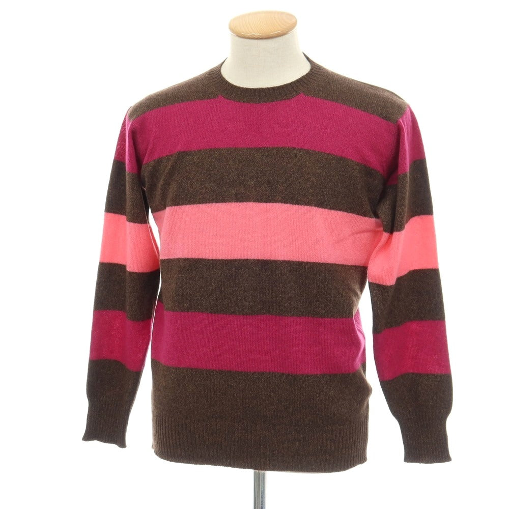【中古】グエルチレーナ Guercilena カシミヤ ボーダー クルーネック プルオーバーニット ブラウンxピンク系【サイズ46】【 状態ランクB 】【 メンズ 】