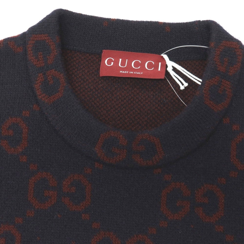 【中古】グッチ GUCCI ウール GGロゴ ジャカード クルーネック プルオーバーニット ネイビーxボルドー【サイズM】【 状態ランクA 】【 メンズ 】