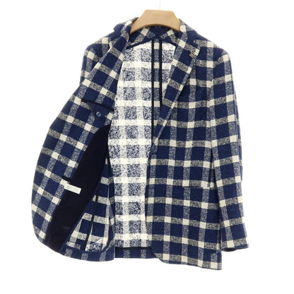 【中古】タリアトーレ TAGLIATORE リネンナイロン チェック 2B カジュアルジャケット ネイビーxホワイト【サイズ44】【 状態ランクD 】【 メンズ 】