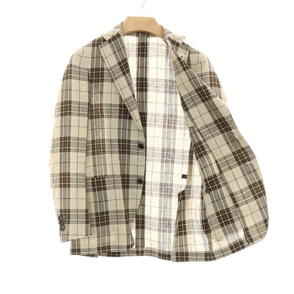 【中古】ラルディーニ LARDINI ウールリネン チェック 3B テーラードジャケット ベージュ【サイズ42】【 状態ランクB 】【 メンズ 】