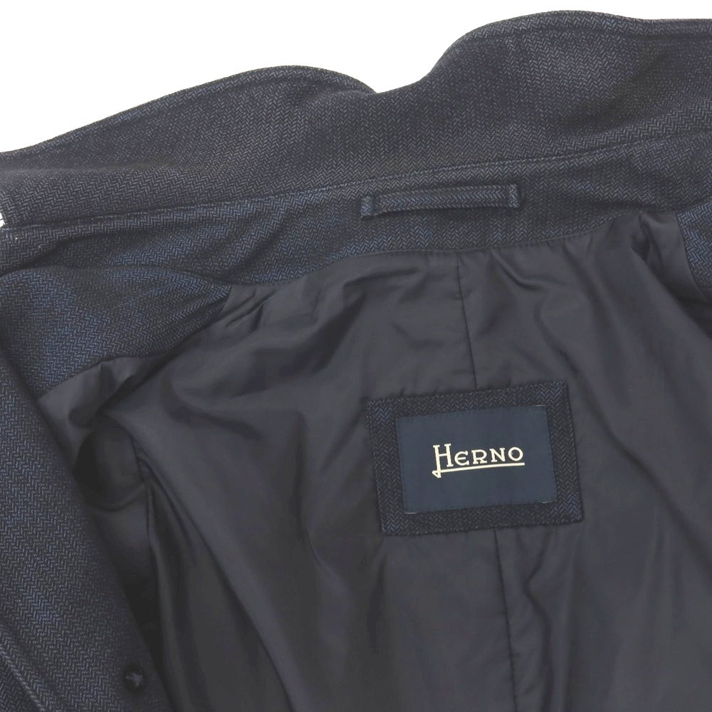 【中古】ヘルノ Herno ウールコットン ヘリンボーン 中綿入り ベルテッド ステンカラーコート ネイビーxブラック【サイズ44】【 状態ランクD 】【 メンズ 】