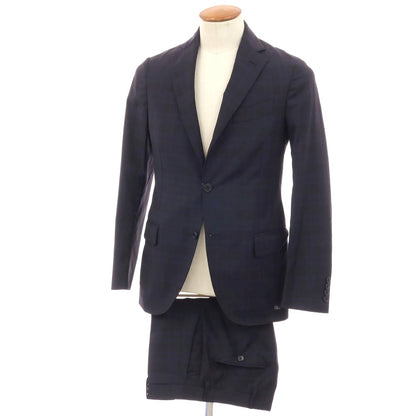 【中古】ラルディーニ LARDINI ウール チェック 3つボタンスーツ ダークネイビーxネイビー【サイズ46】【 状態ランクD 】【 メンズ 】