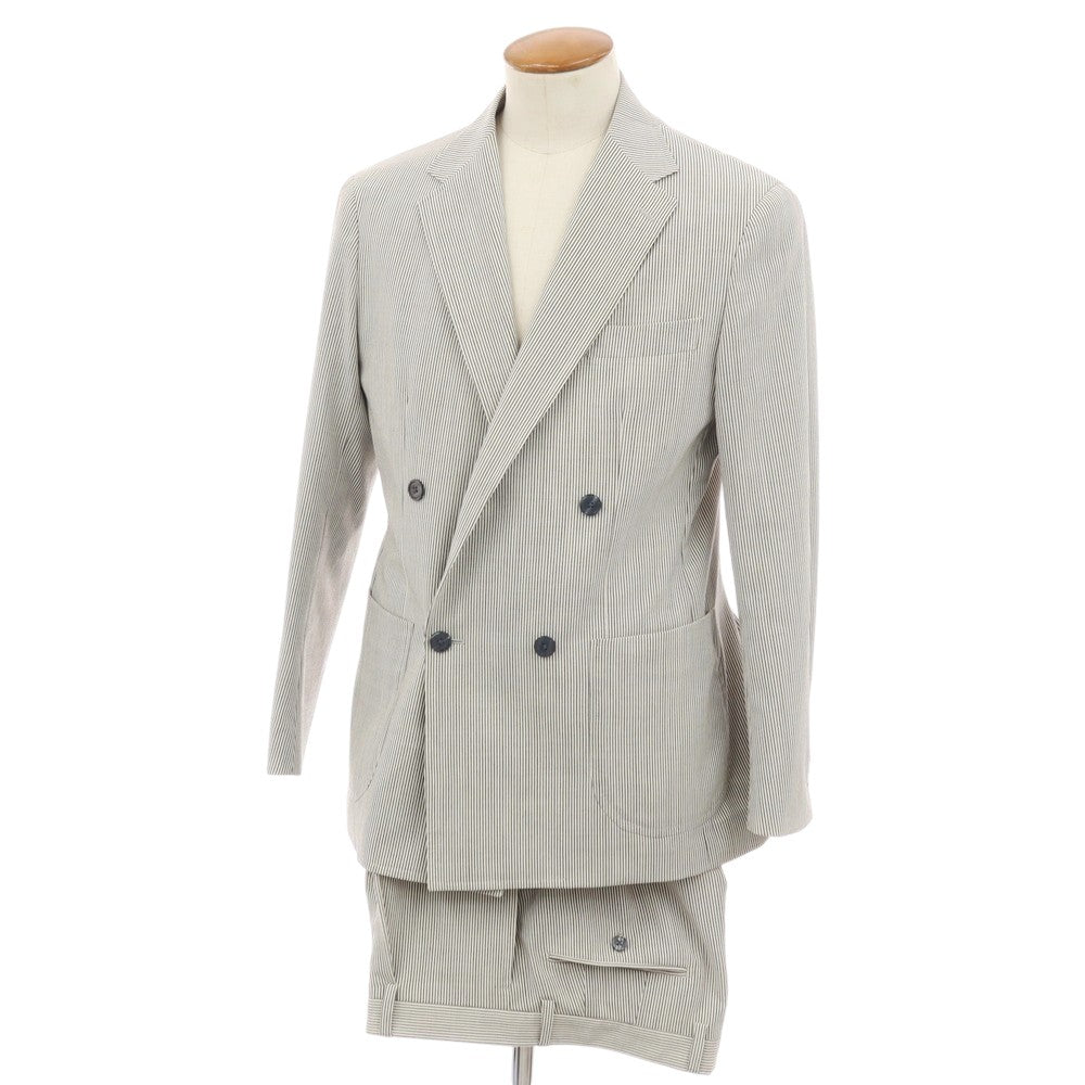 【中古】グリーンレーベルリラクシング green label relaxing ポリエステルウールポリウレタン ストライプ ダブルスーツ ホワイトxブラック【サイズ上48/下84】【 状態ランクC 】【 メンズ 】