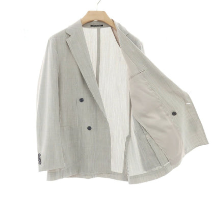 【中古】グリーンレーベルリラクシング green label relaxing ポリエステルウールポリウレタン ストライプ ダブルスーツ ホワイトxブラック【サイズ上48/下84】【 状態ランクC 】【 メンズ 】