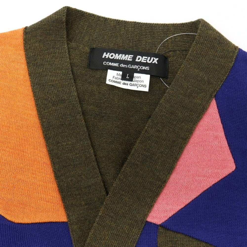【中古】コムデギャルソン オムドゥ COMME des GARCONS HOMME DEUX 2025年秋冬 ウール パッチワーク ニット カーディガン カーキxマルチカラー【サイズL】【 状態ランクA 】【 メンズ 】