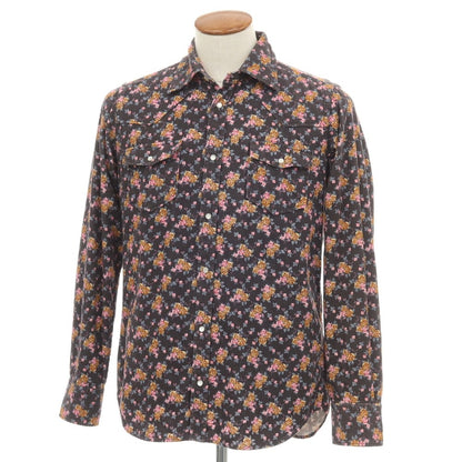 【中古】ベヴィラクア BEVILACQUA コットン 細畝コーデュロイ 花柄 プリント ウエスタンシャツ チャコールグレーxブラウン【サイズM】【 状態ランクB 】【 メンズ 】