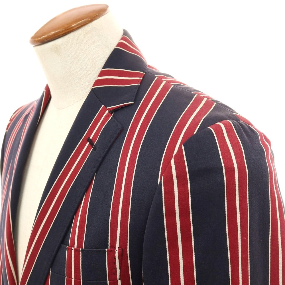 【中古】エトロ ETRO コットン ストライプ 2B カジュアルジャケット ダークネイビーxレッド【サイズ46】【 状態ランクD 】【 メンズ 】